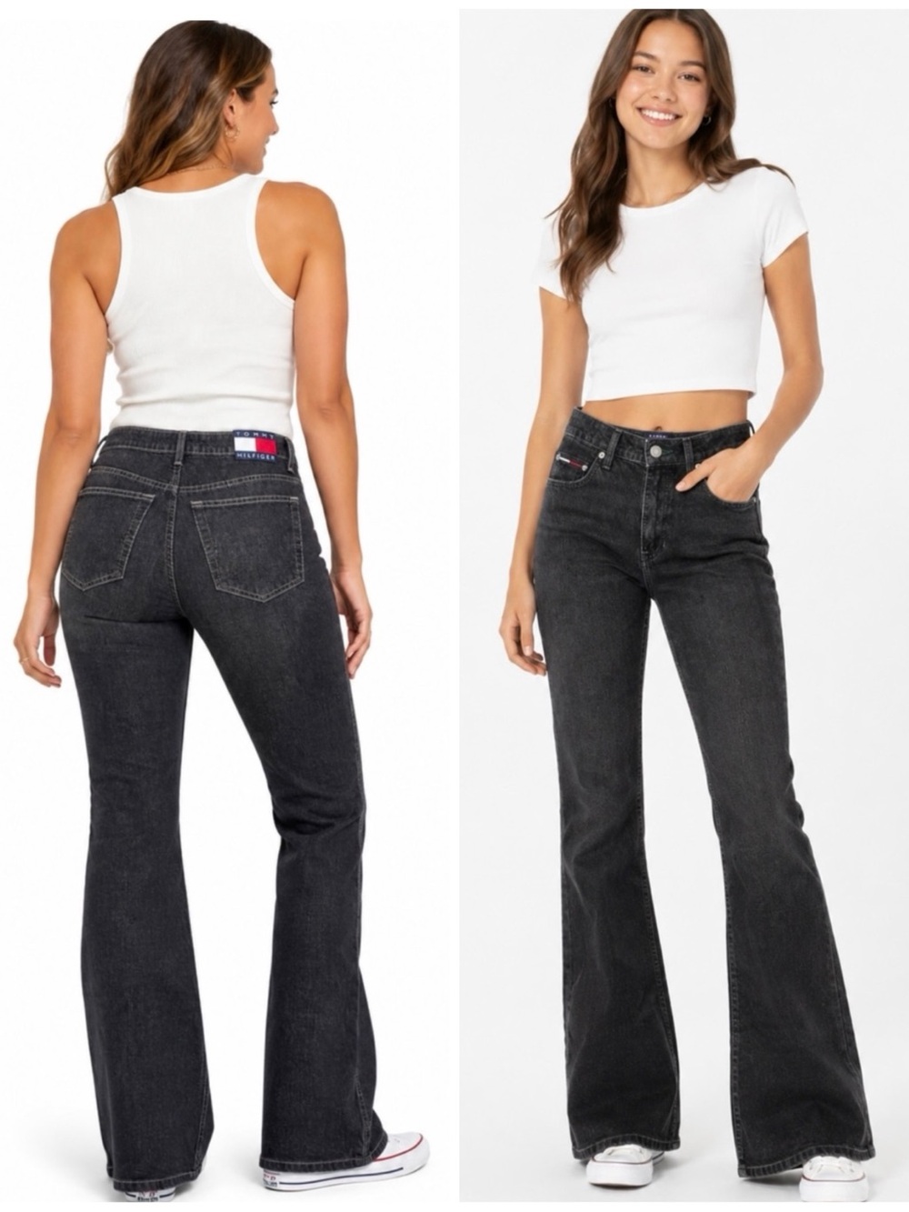 VINTAGE TOMMY HILFIGER Y2K Black High Rise Hipster Flared Jeans Sz.‎ 92000's
